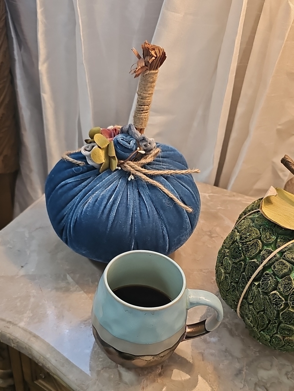 Blue Velvet Floral Decorative Pumpkin - Home Accents